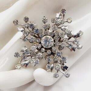 Vintage Snowflake Rhinestone Brooch Pendant, Riveted 1950s, 2 1/4 Inch